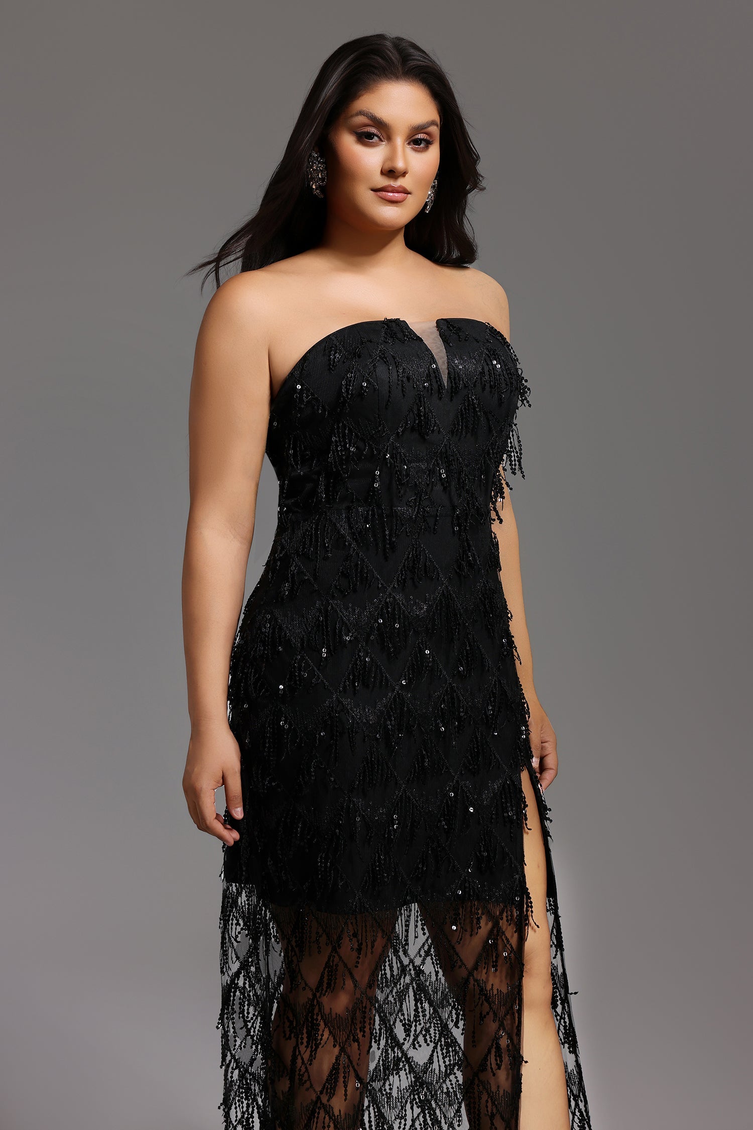 DALIA - Off Shoulder Glitter Fringe Maxi Dress Curve