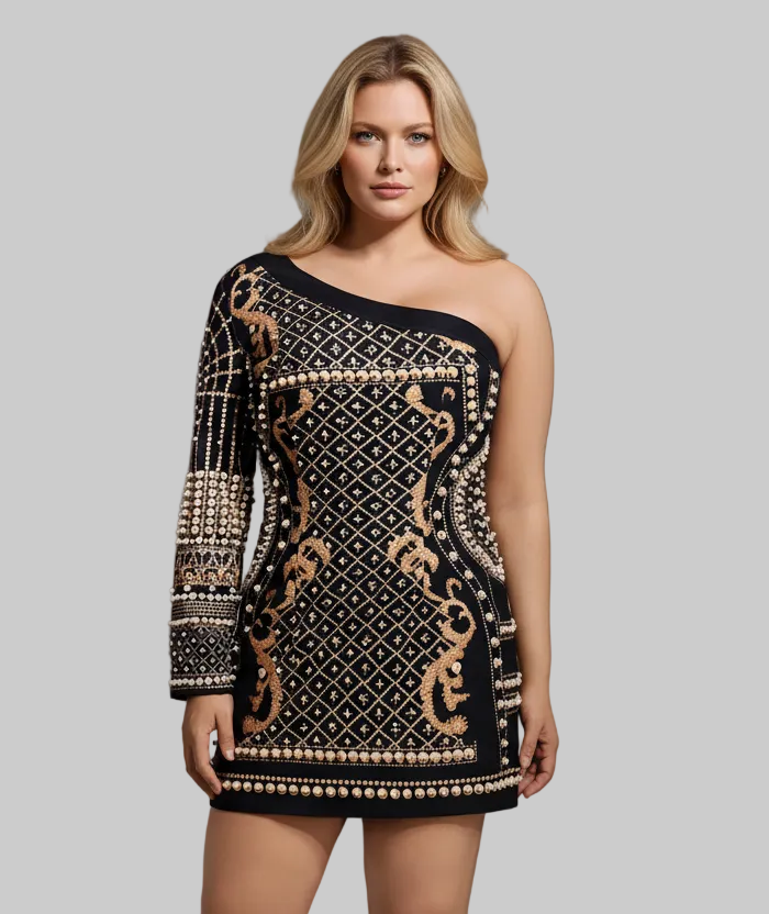 DALIA -  One Shoulder Pearl Mini Dress Curve