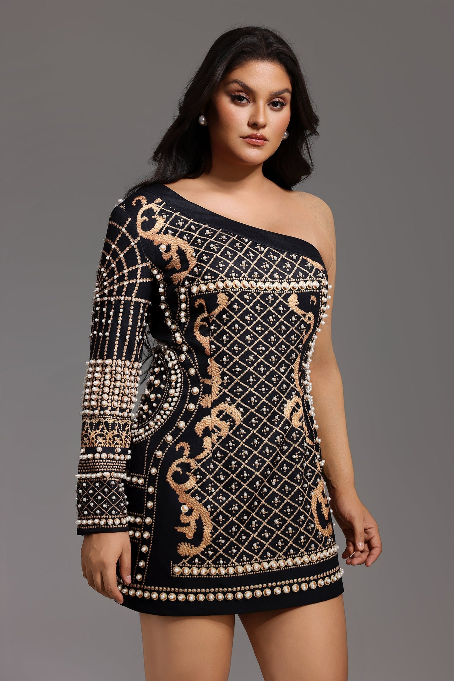 DALIA -  One Shoulder Pearl Mini Dress