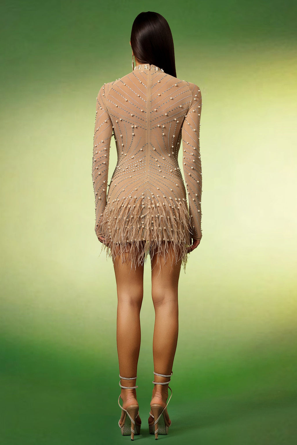 DALIA - Falzer Long Sleeves Tassels Pearl Diamond Mini Dress