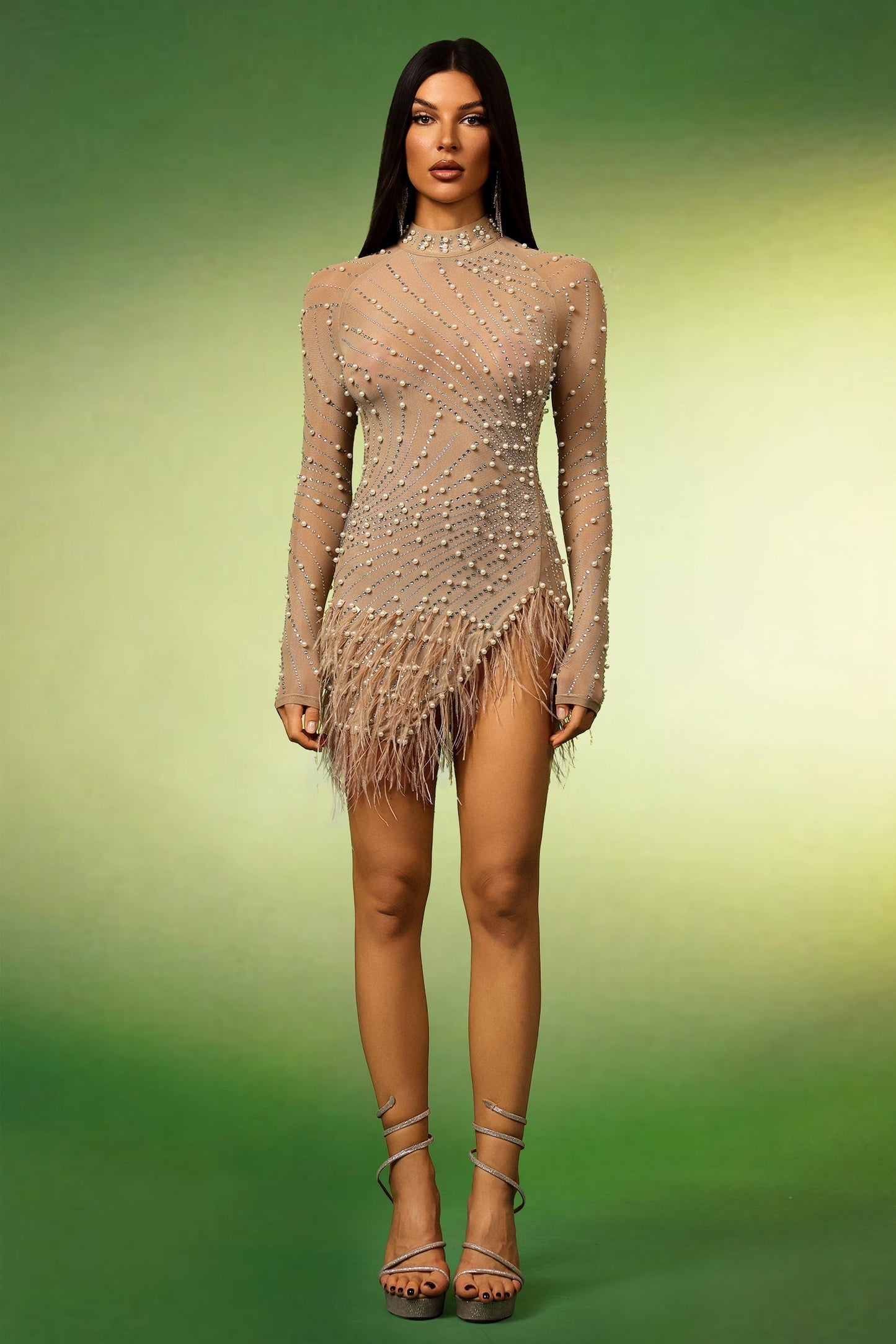 DALIA - Falzer Long Sleeves Tassels Pearl Diamond Mini Dress