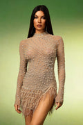 DALIA - Falzer Long Sleeves Tassels Pearl Diamond Mini Dress