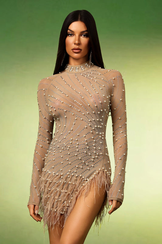 DALIA - Falzer Long Sleeves Tassels Pearl Diamond Mini Dress