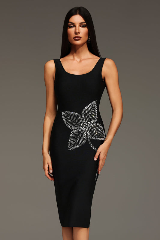 DALIA - Sleeveless Diamond Flowers Bandage Midi Dress
