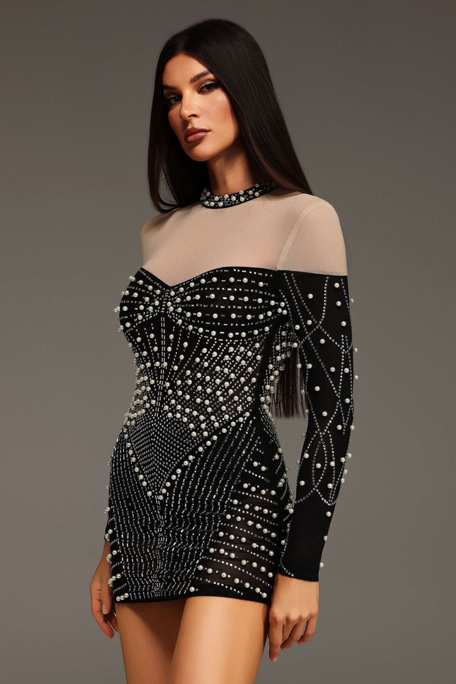 DALIA - Zavan Long Sleeves Diamond Pearl Mini Dress