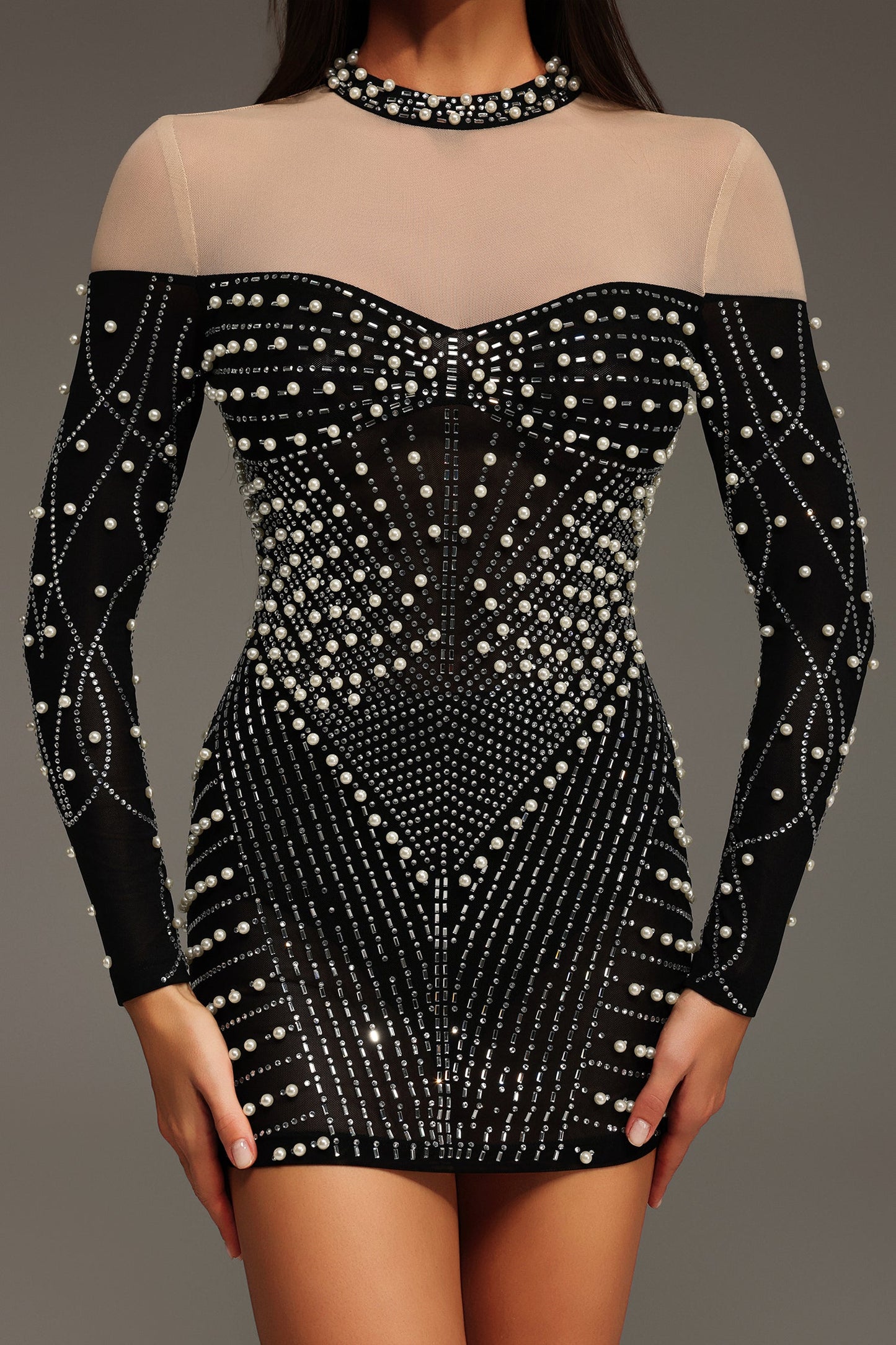 DALIA - Zavan Long Sleeves Diamond Pearl Mini Dress