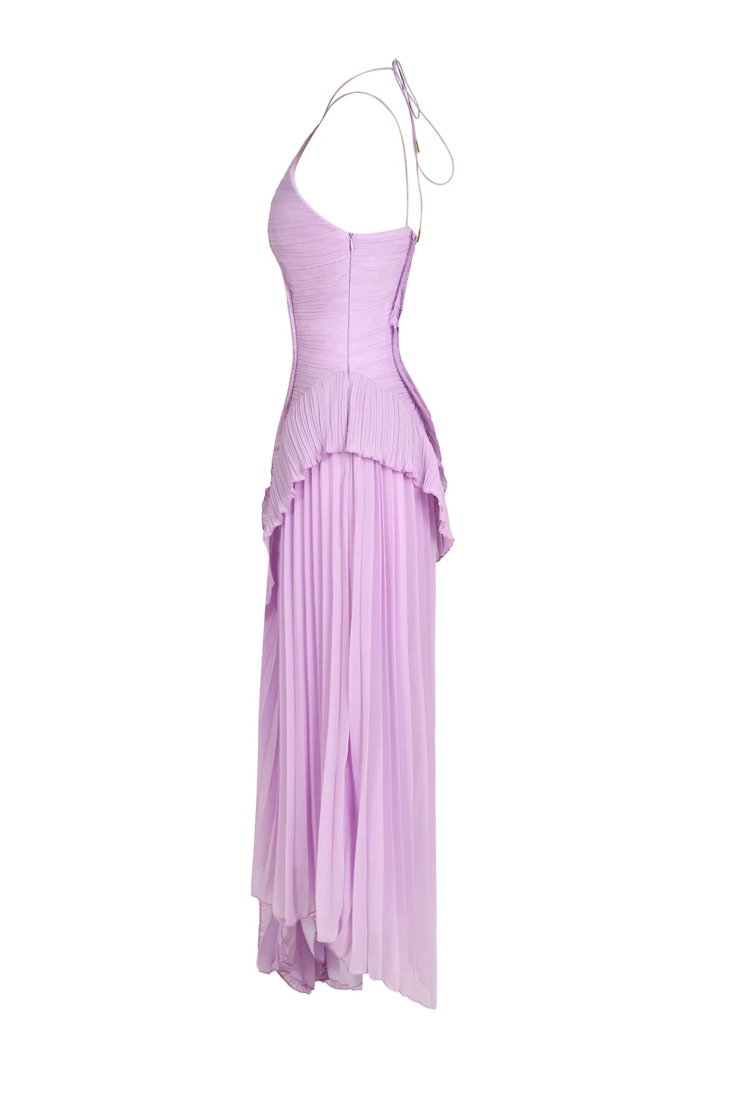 DALIA - Halter Spaghetti Strap  Ruched Asymmetrical Maxi Dress - Pink