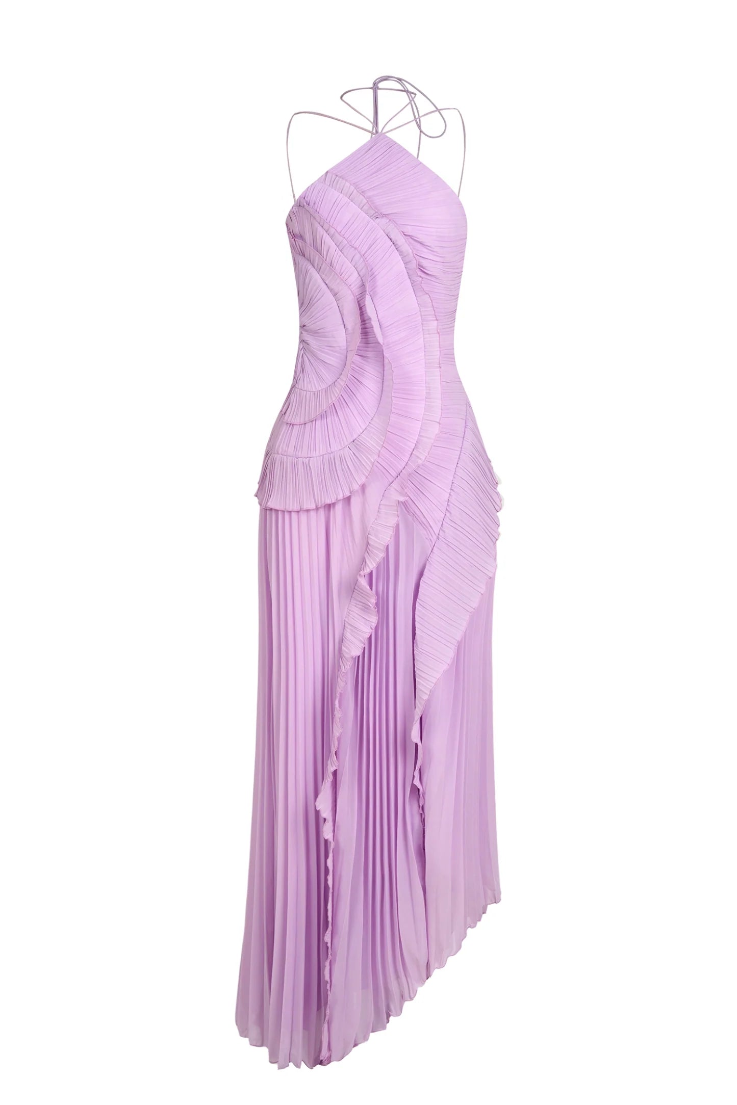 DALIA - Halter Spaghetti Strap  Ruched Asymmetrical Maxi Dress - Pink