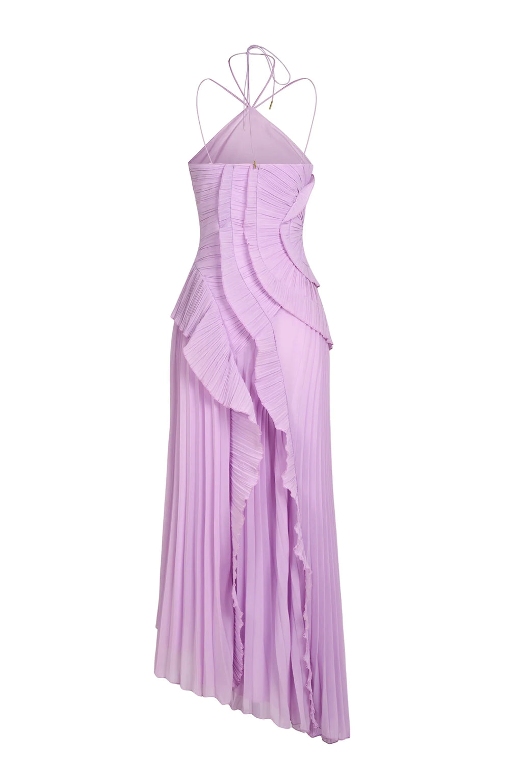 DALIA - Halter Spaghetti Strap  Ruched Asymmetrical Maxi Dress - Pink