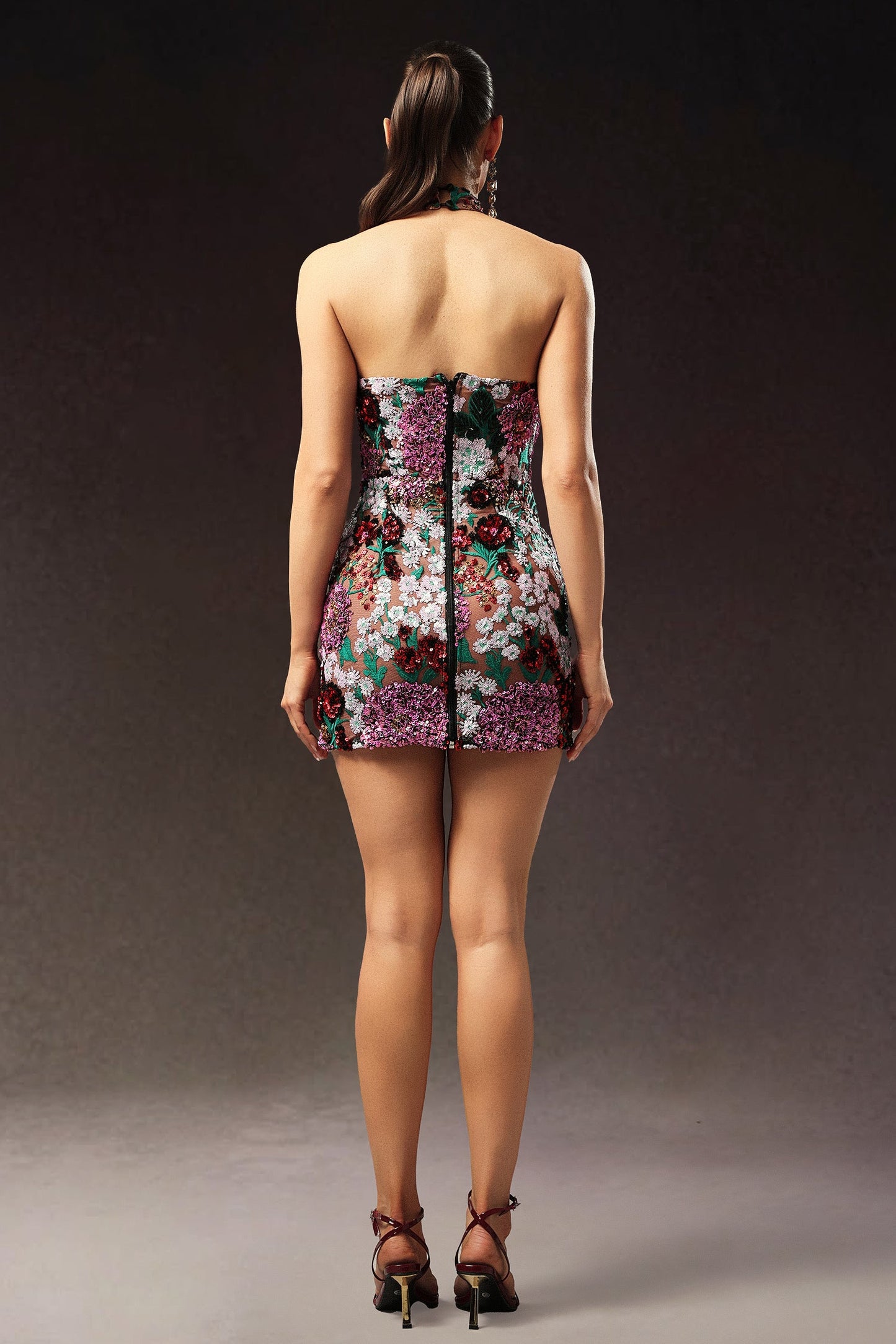 DALIA - Polasa Halter Sleeveless Sequins Flower Mini Dress