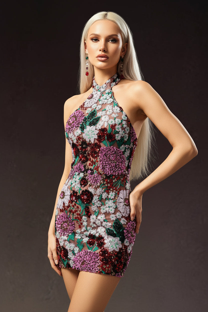 DALIA - Polasa Halter Sleeveless Sequins Flower Mini Dress
