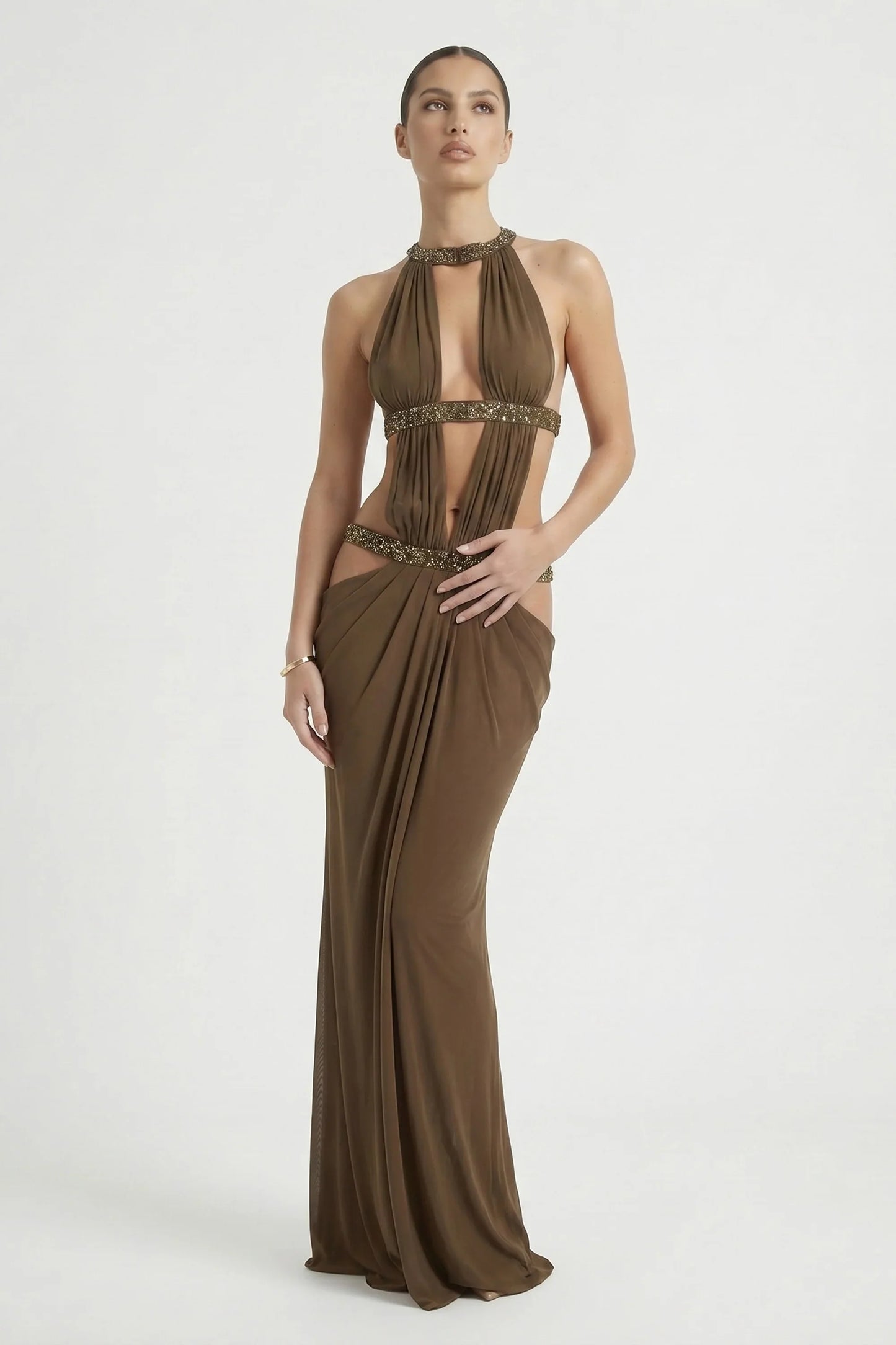 DALIA - Cutout Ruched Backless Dress - Brown