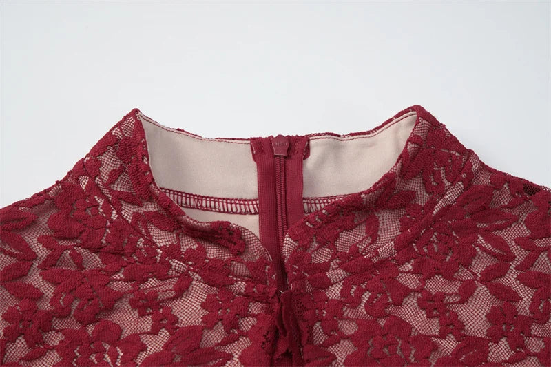 DALIA - Romantic Lace Bodycon Maxi Dress - Red