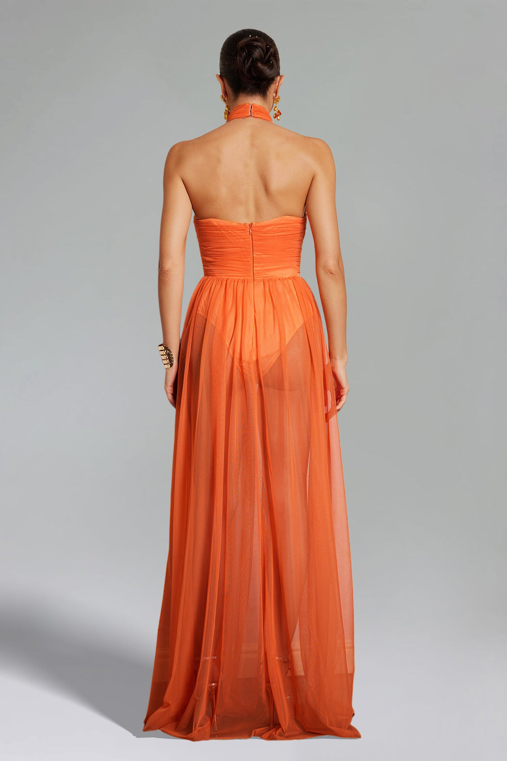 DALIA - Halterneck Twist Mesh Maxi Dress - Orange