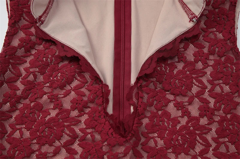 DALIA - Romantic Lace Bodycon Maxi Dress - Red
