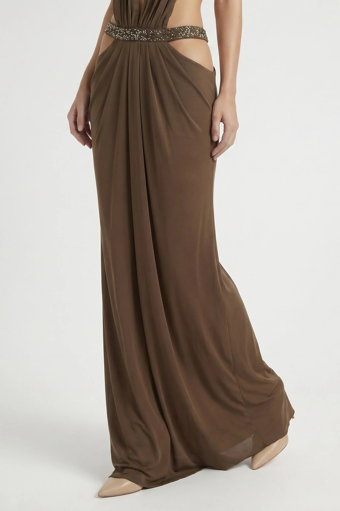 DALIA - Cutout Ruched Backless Dress - Brown