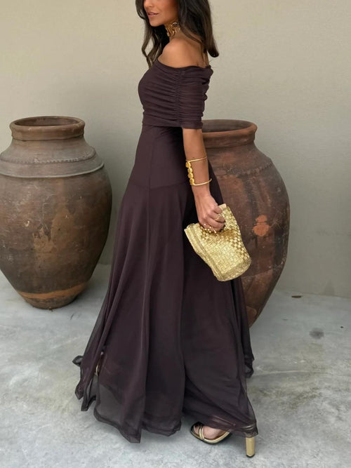 DALIA - Asymmetrical Mesh One Shoulder Dress - Brown