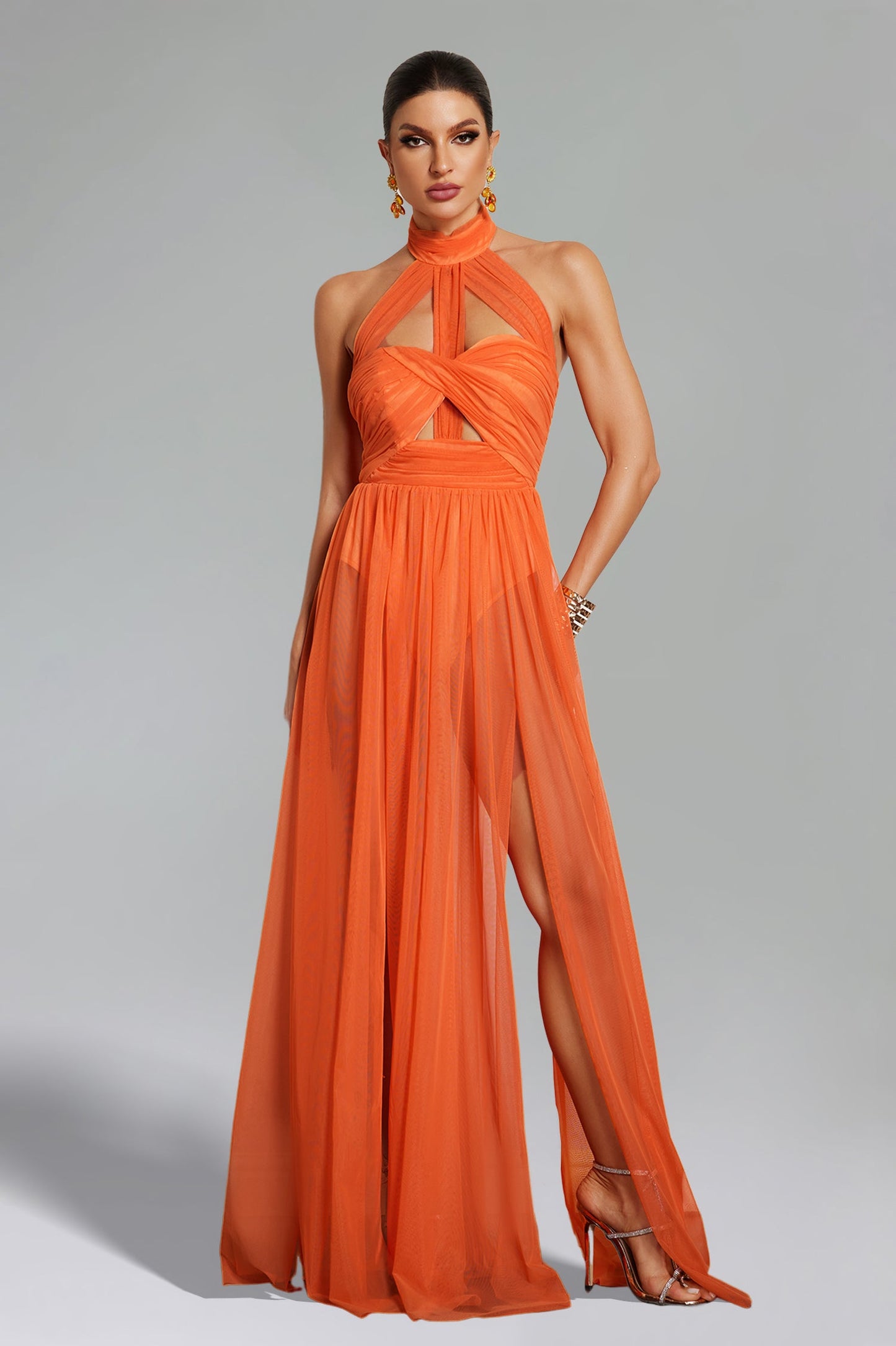DALIA - Halterneck Twist Mesh Maxi Dress