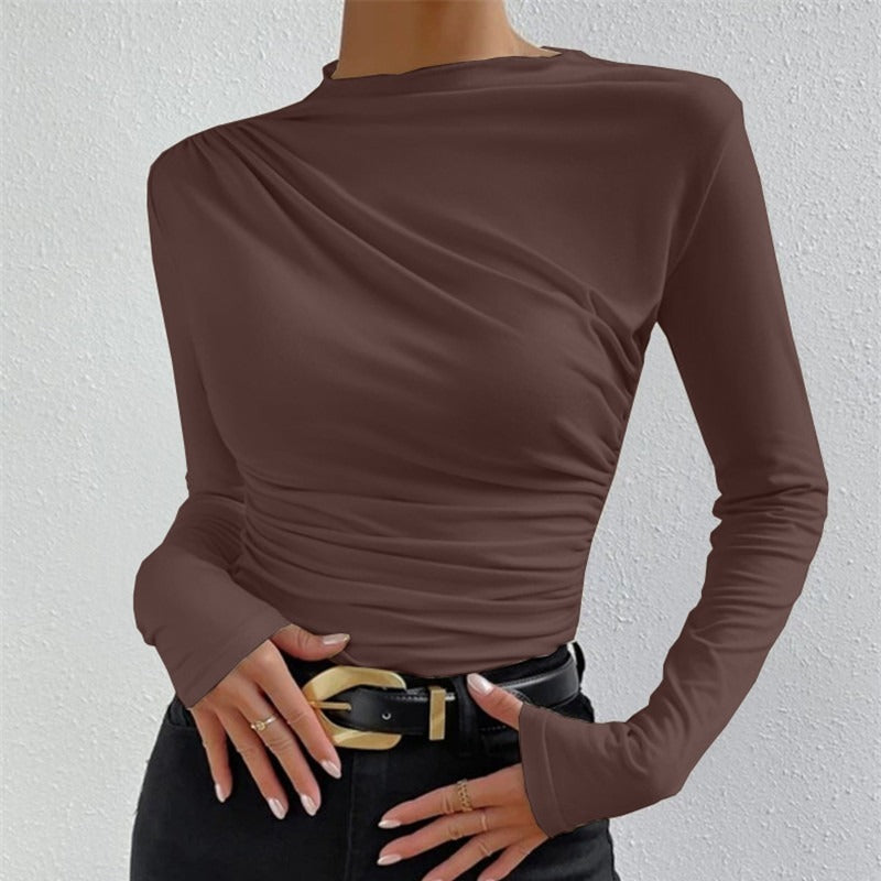 DALIA - Cross-Over Collar Pleated Cinched T-Shirt