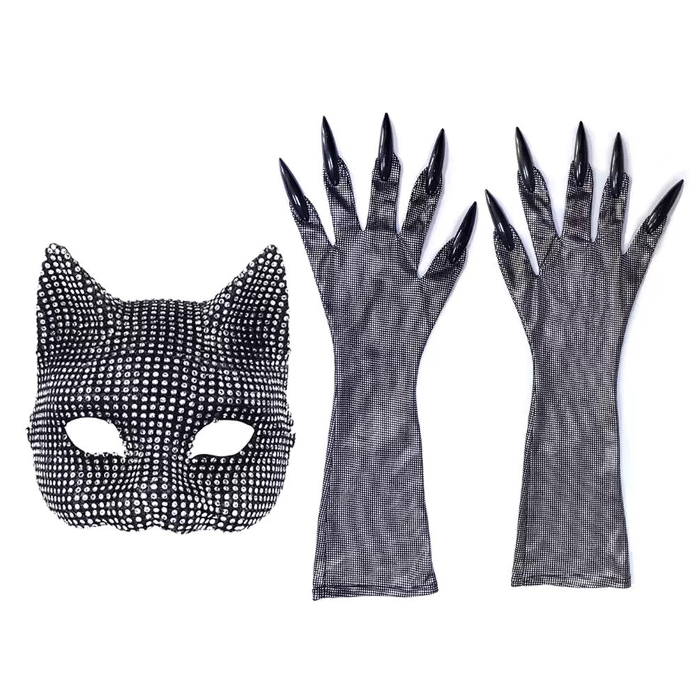 DALIA – Rhinestone Cat Mask & Claw Gloves Set
