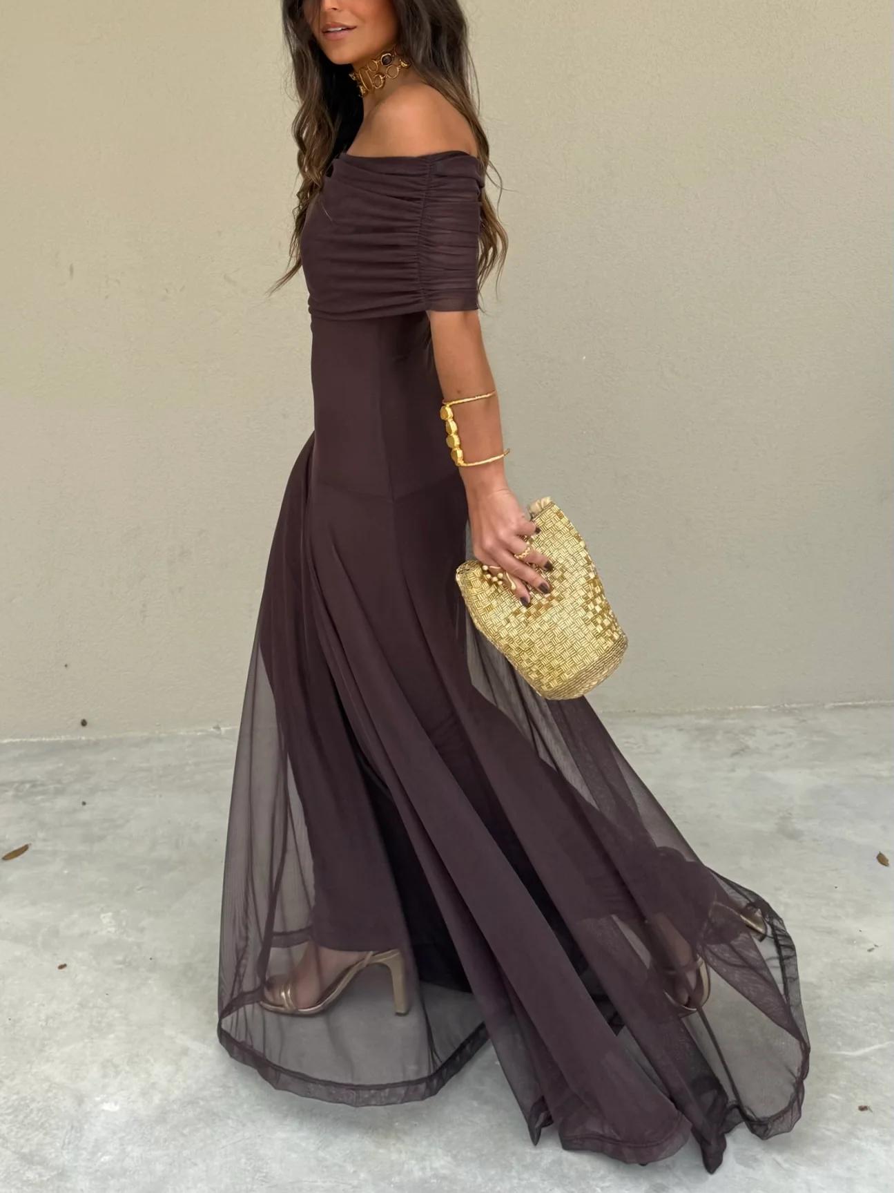 DALIA - Asymmetrical Mesh One Shoulder Dress - Brown