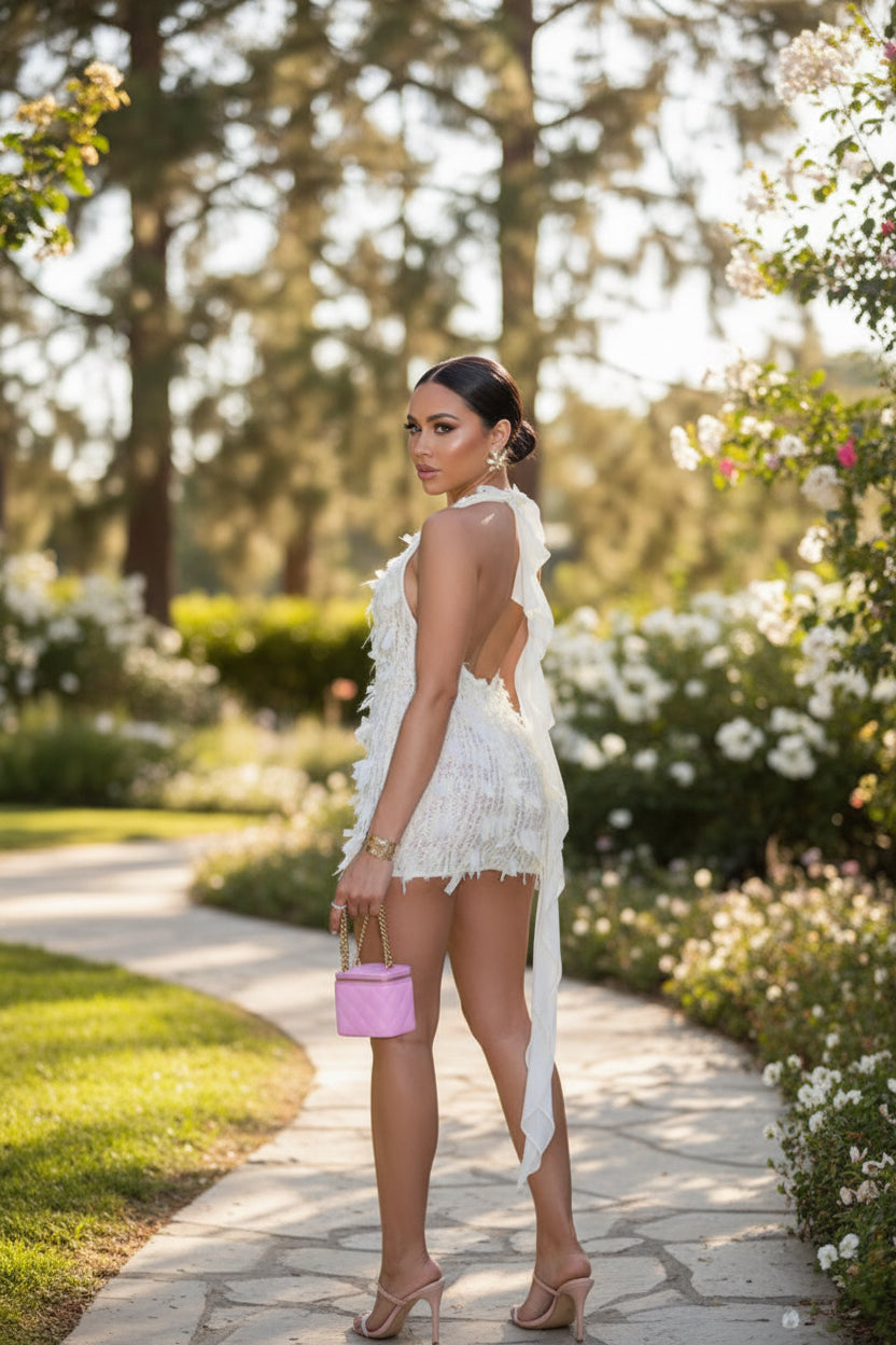DALIA - Plunge Neck Fringe Mini Dress - White