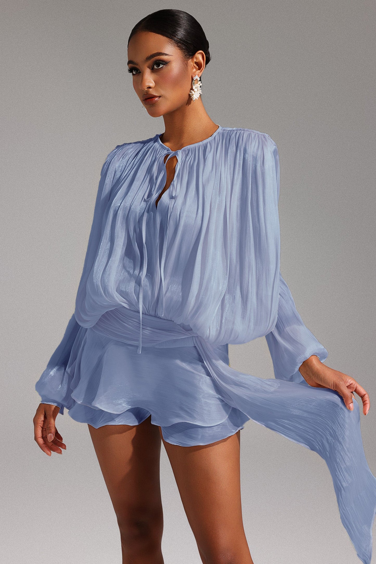 DALIA - Long Sleeves Hollow Out Flounce Mini Dress