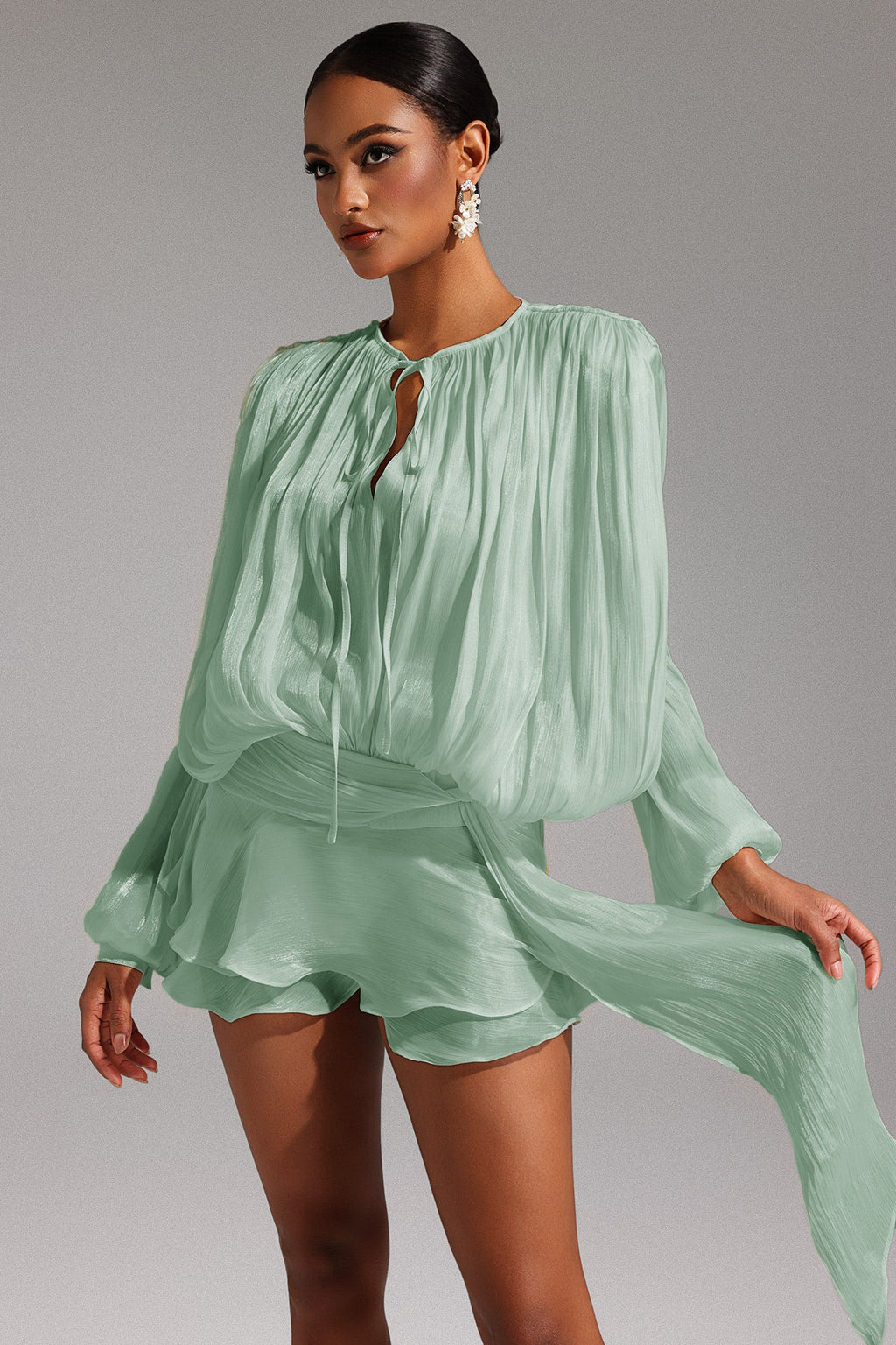 DALIA - Dekia Long Sleeves Hollow Out Flounce Mini Dress - Green