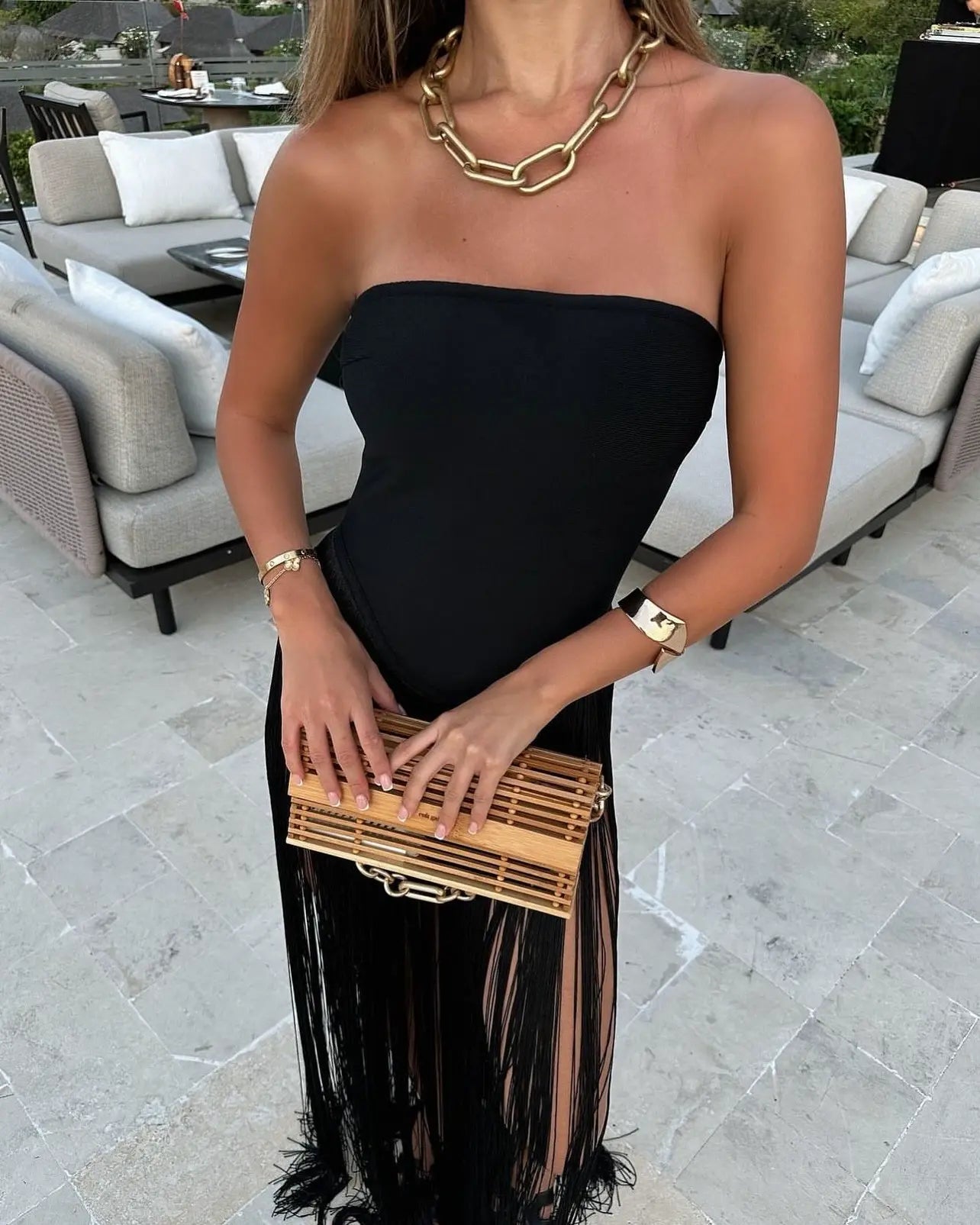 DALIA - Strapless Bandage Fringe Panel Dress - Black