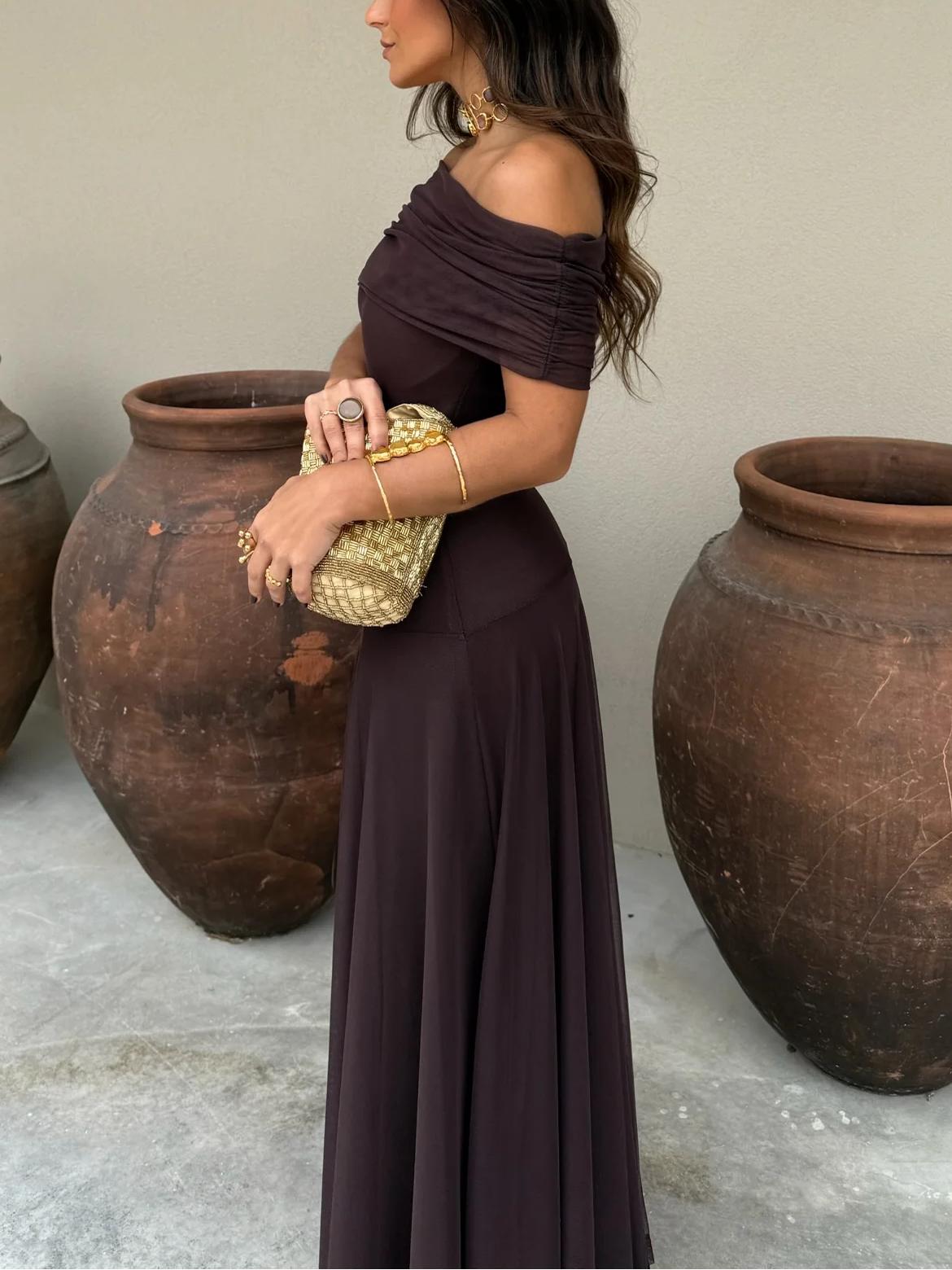 DALIA - Asymmetrical Mesh One Shoulder Dress - Brown
