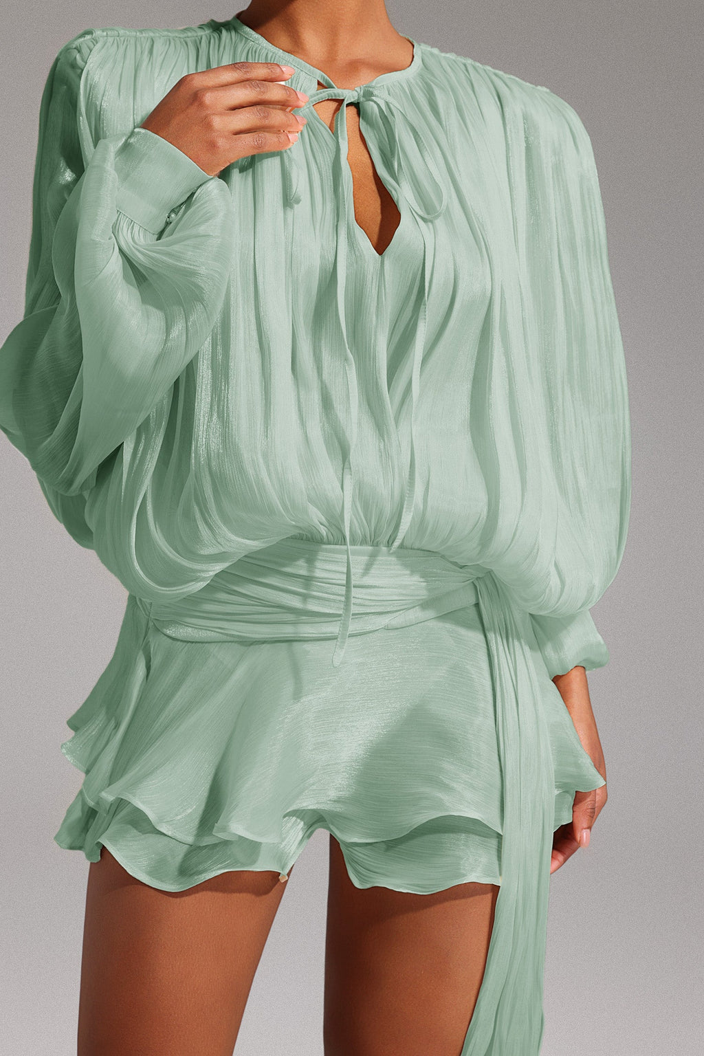 DALIA - Dekia Long Sleeves Hollow Out Flounce Mini Dress - Green