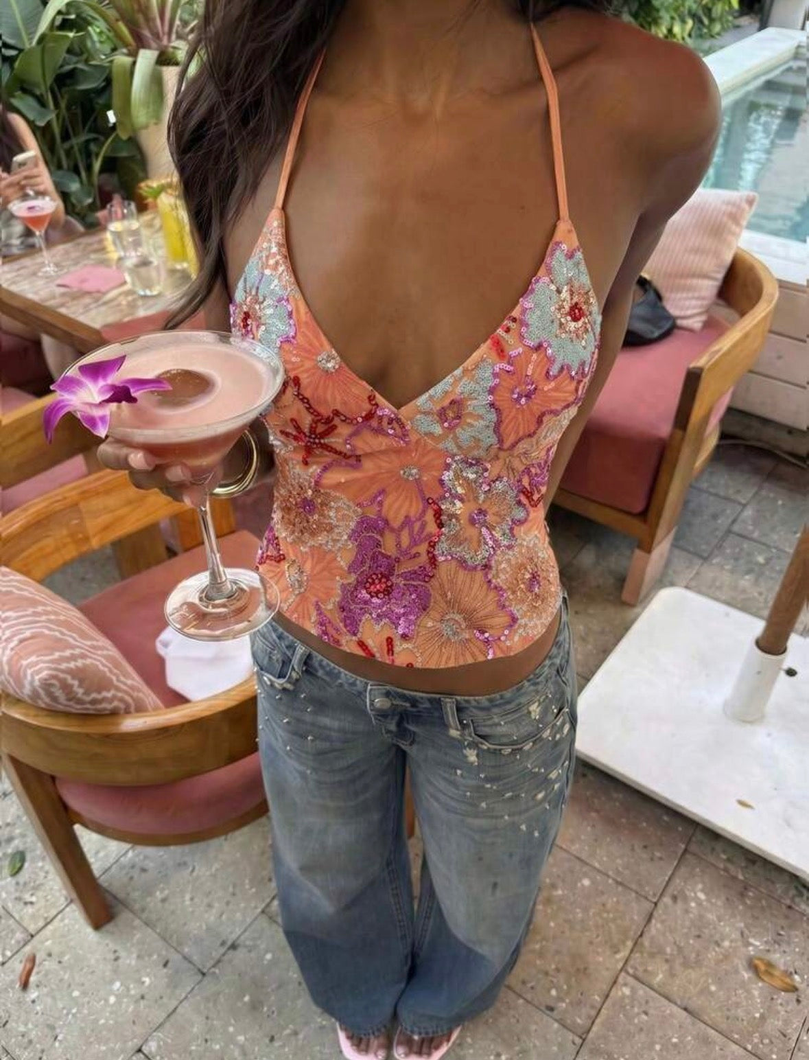 DALIA – Sequin Bloom Halter Top - Coral