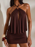 DALIA - Halter Mini Dress - Brown