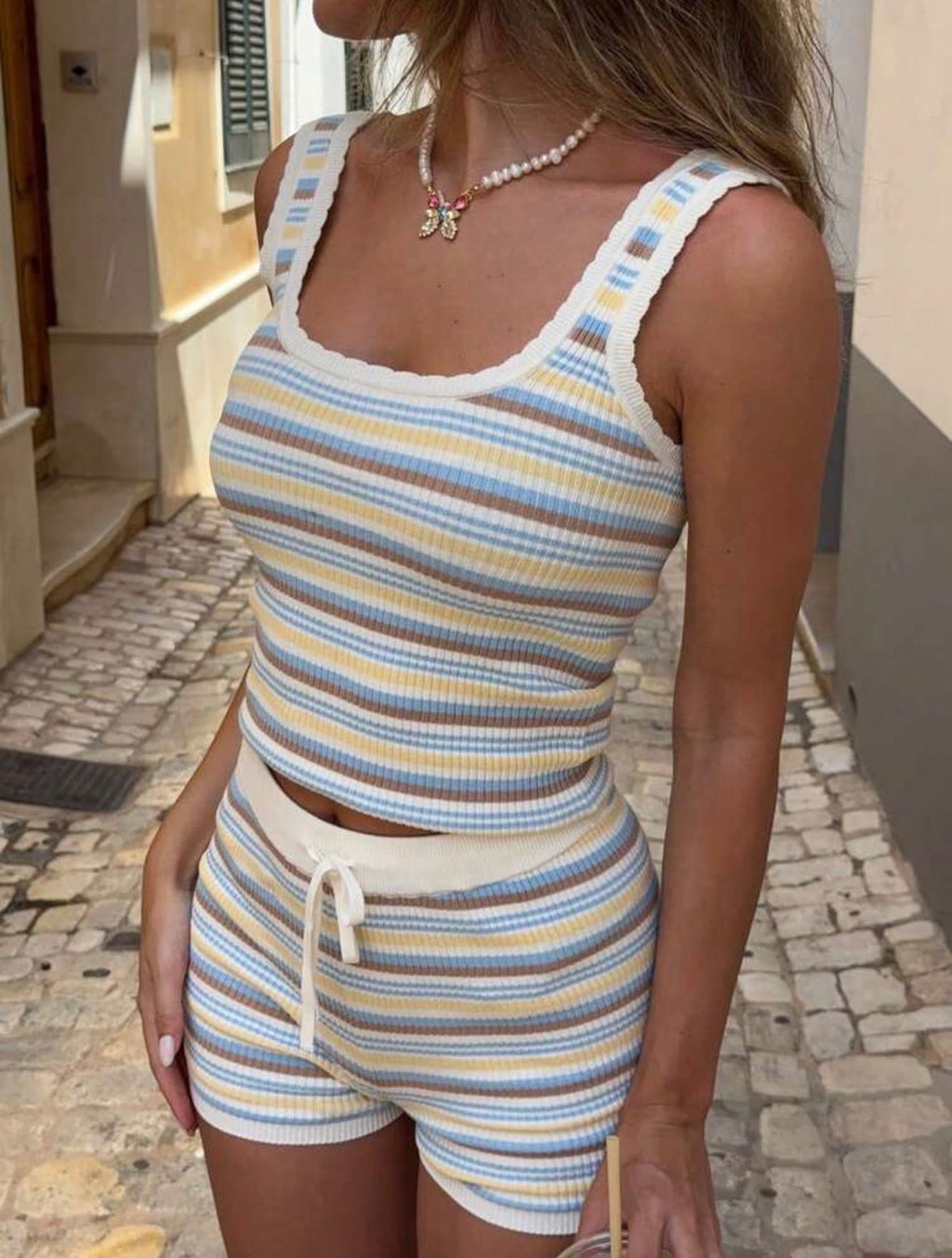 DALIA- Sunset Stripe Knit Set - White