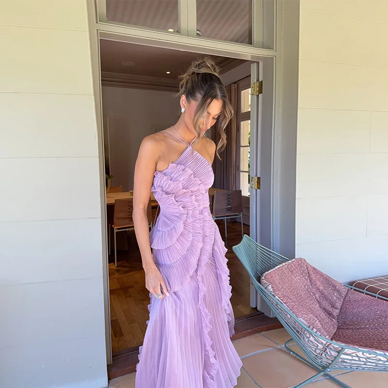 DALIA - Halter Spaghetti Strap  Ruched Asymmetrical Maxi Dress - Pink