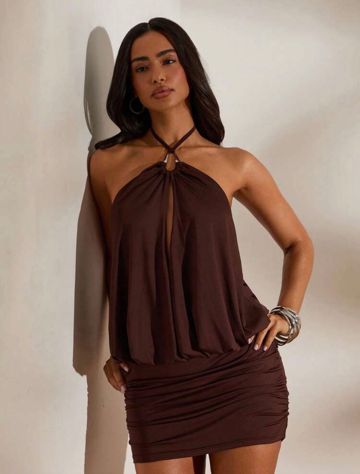 DALIA - Halter Mini Dress - Brown
