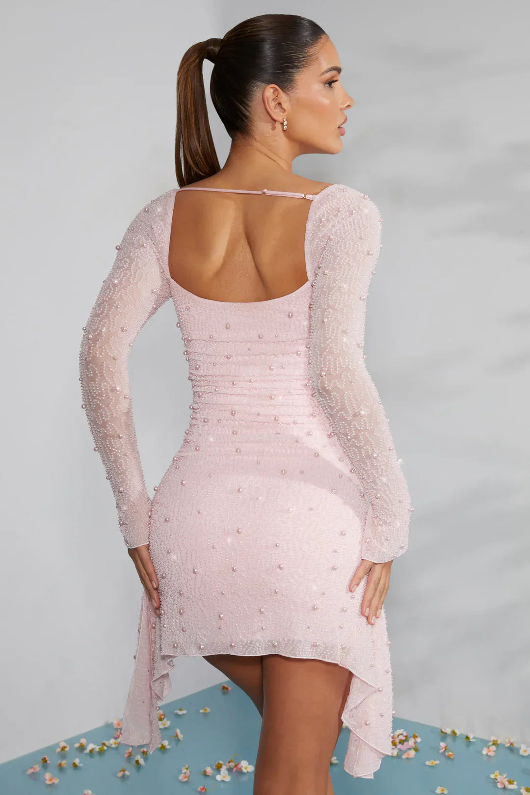 DALIA - Long Sleeve Embellished Cowl Neck Mini Dress