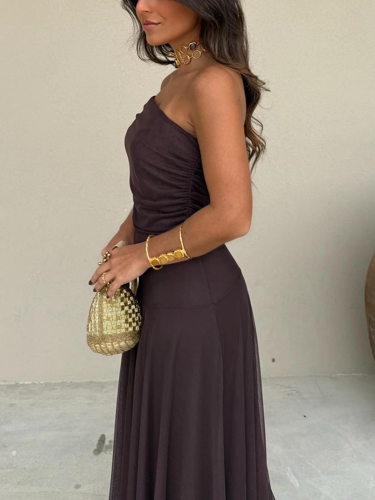 DALIA - Asymmetrical Mesh One Shoulder Dress - Brown