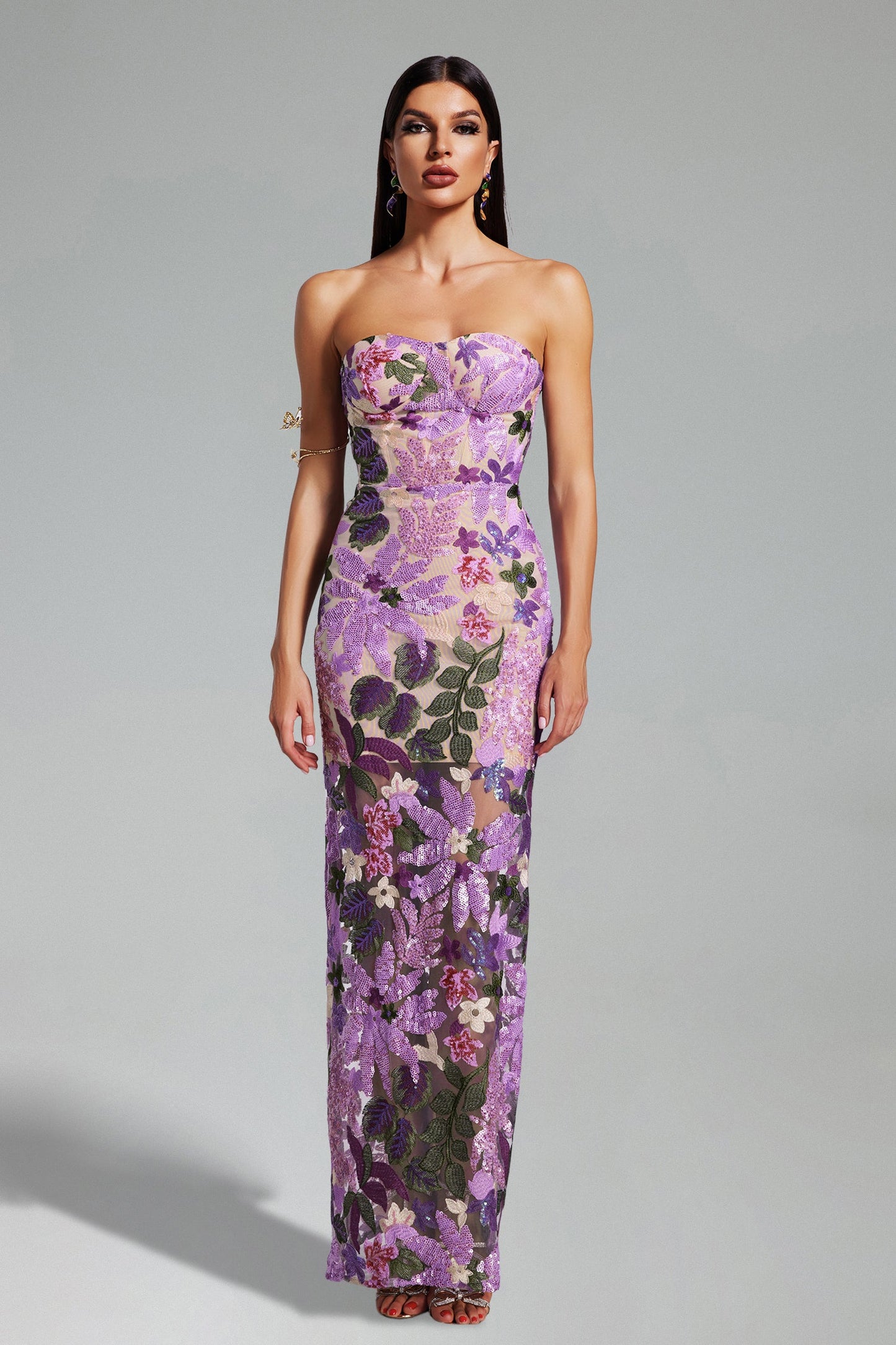 DALIA - Flower Sequins Strapless Mesh Dress - Purple