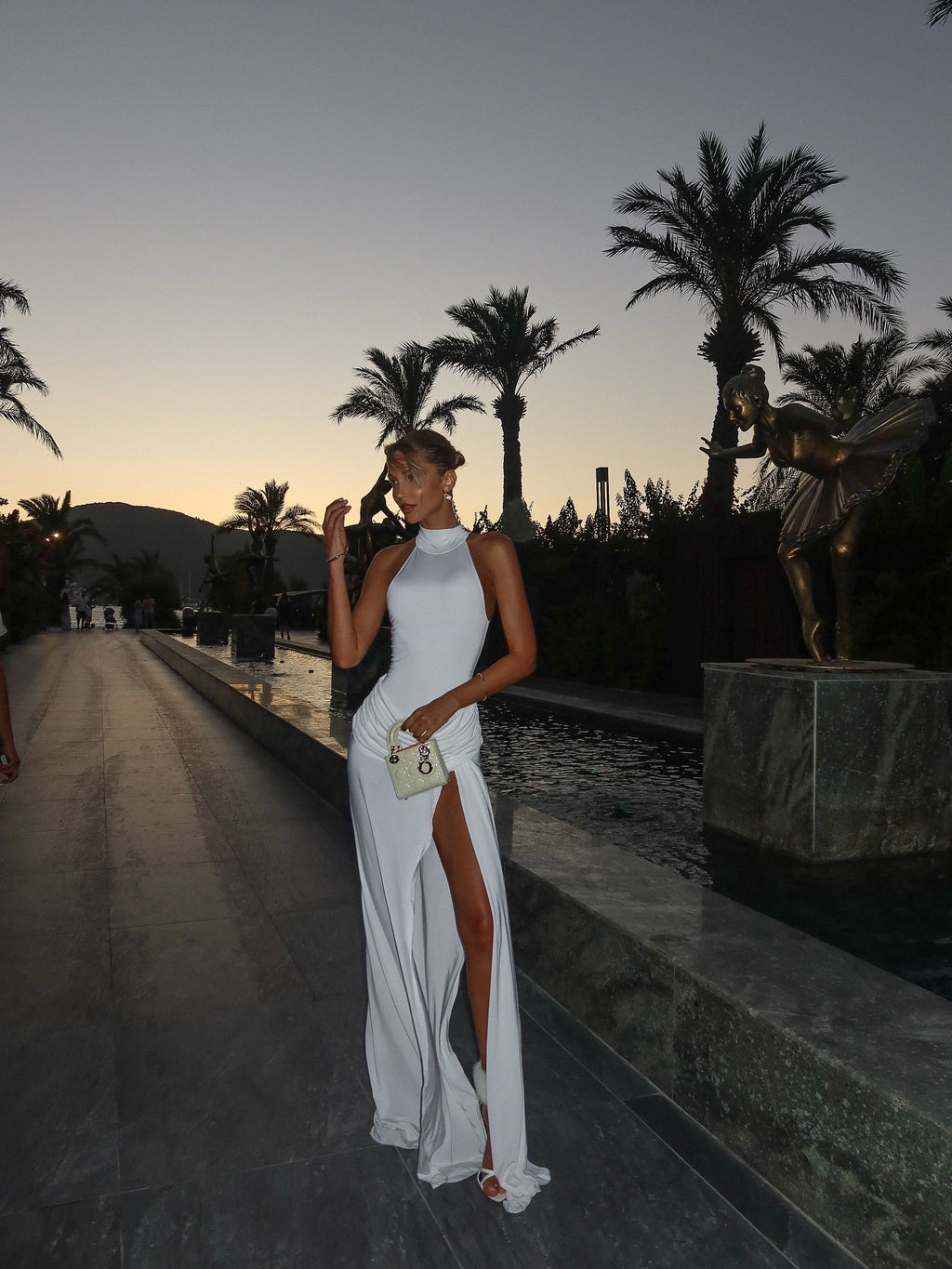 DALIA - High-Neck Sleeveless High-Slit Dress - White