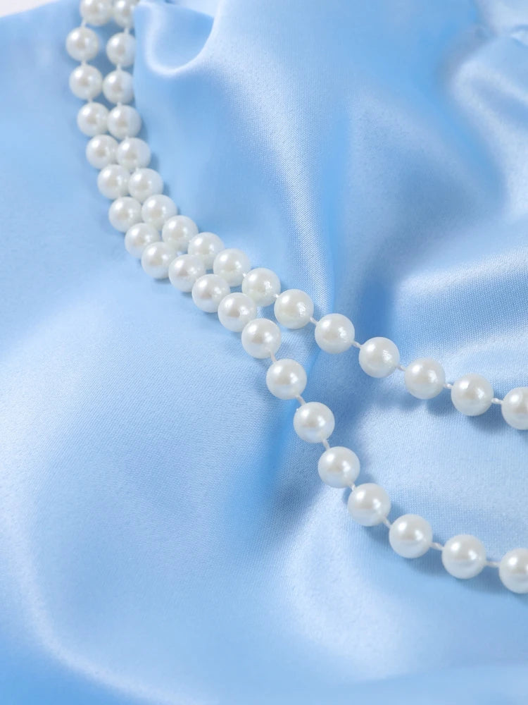 DALIA - Satin Pearl Chain Strapless Dress