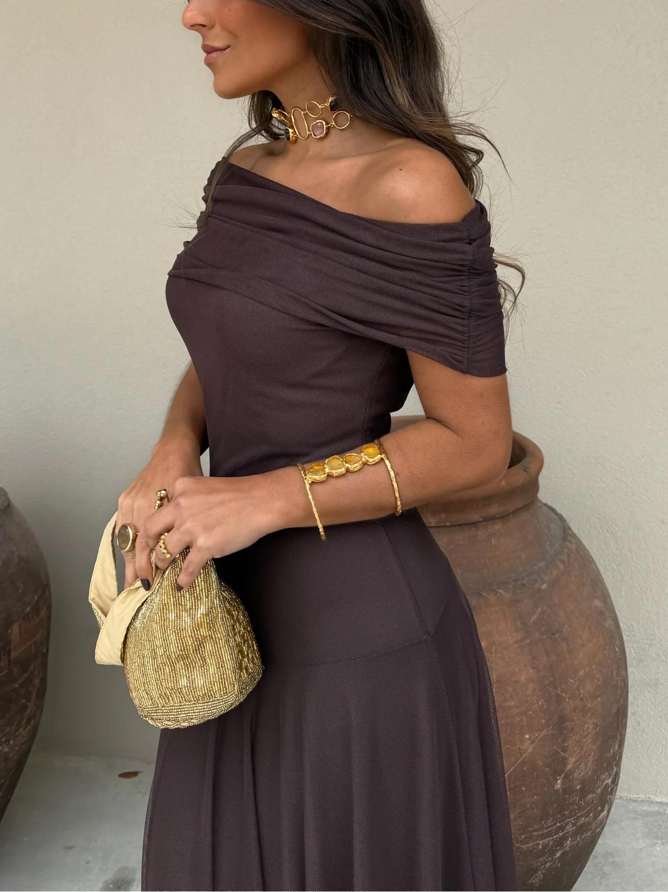 DALIA - Asymmetrical Mesh One Shoulder Dress - Brown