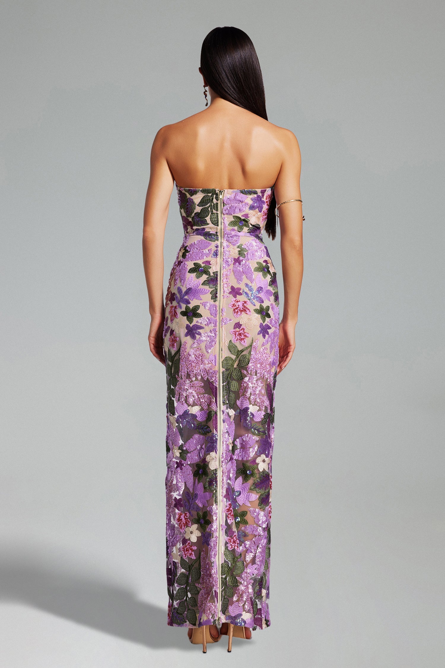DALIA - Flower Sequins Strapless Mesh Dress - Purple