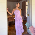 DALIA - Halter Spaghetti Strap  Ruched Asymmetrical Maxi Dress - Pink