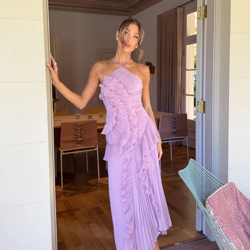 DALIA - Halter Spaghetti Strap  Ruched Asymmetrical Maxi Dress - Pink