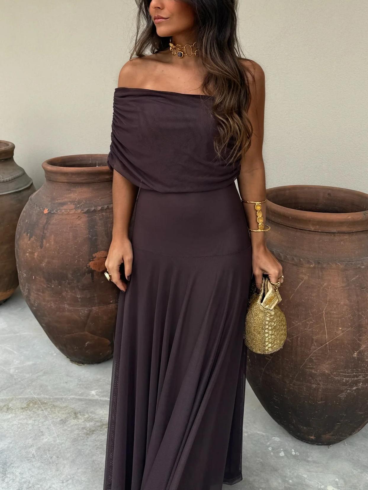 DALIA - Asymmetrical Mesh One Shoulder Dress - Brown