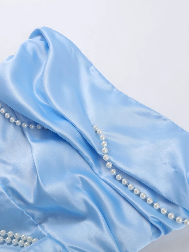 DALIA - Satin Pearl Chain Strapless Dress