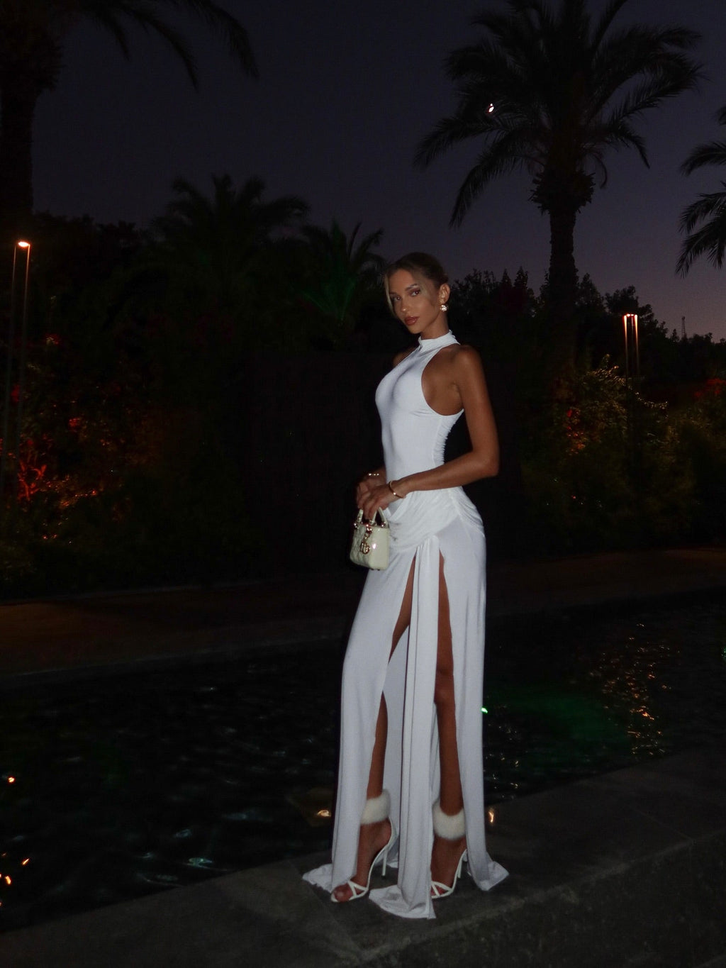 DALIA - High-Neck Sleeveless High-Slit Dress - White