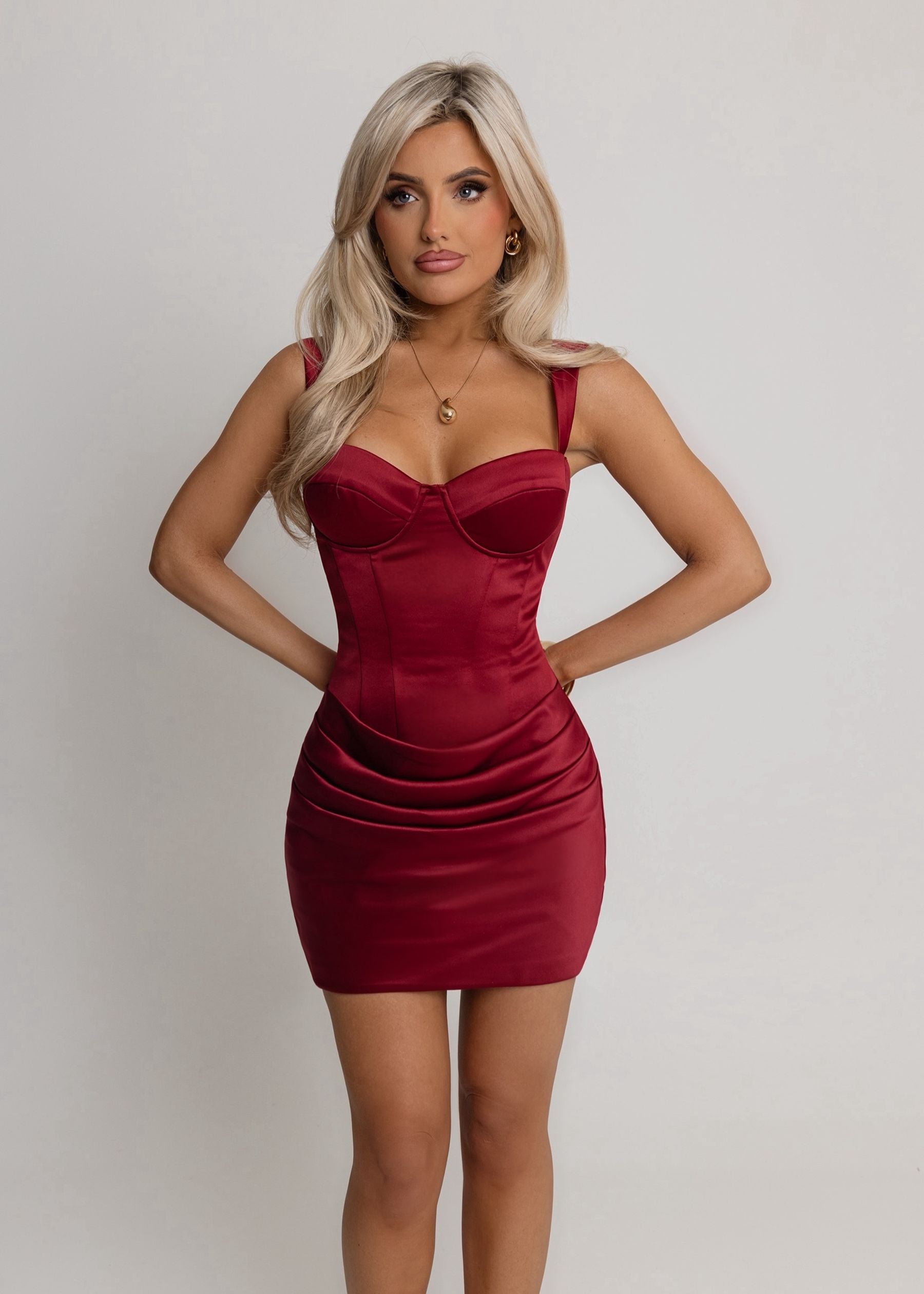 DALIA - Romantic Corset Satin Mini Dress - Red