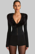 DALIA - Faux Fur-Trim Playsuit in Black